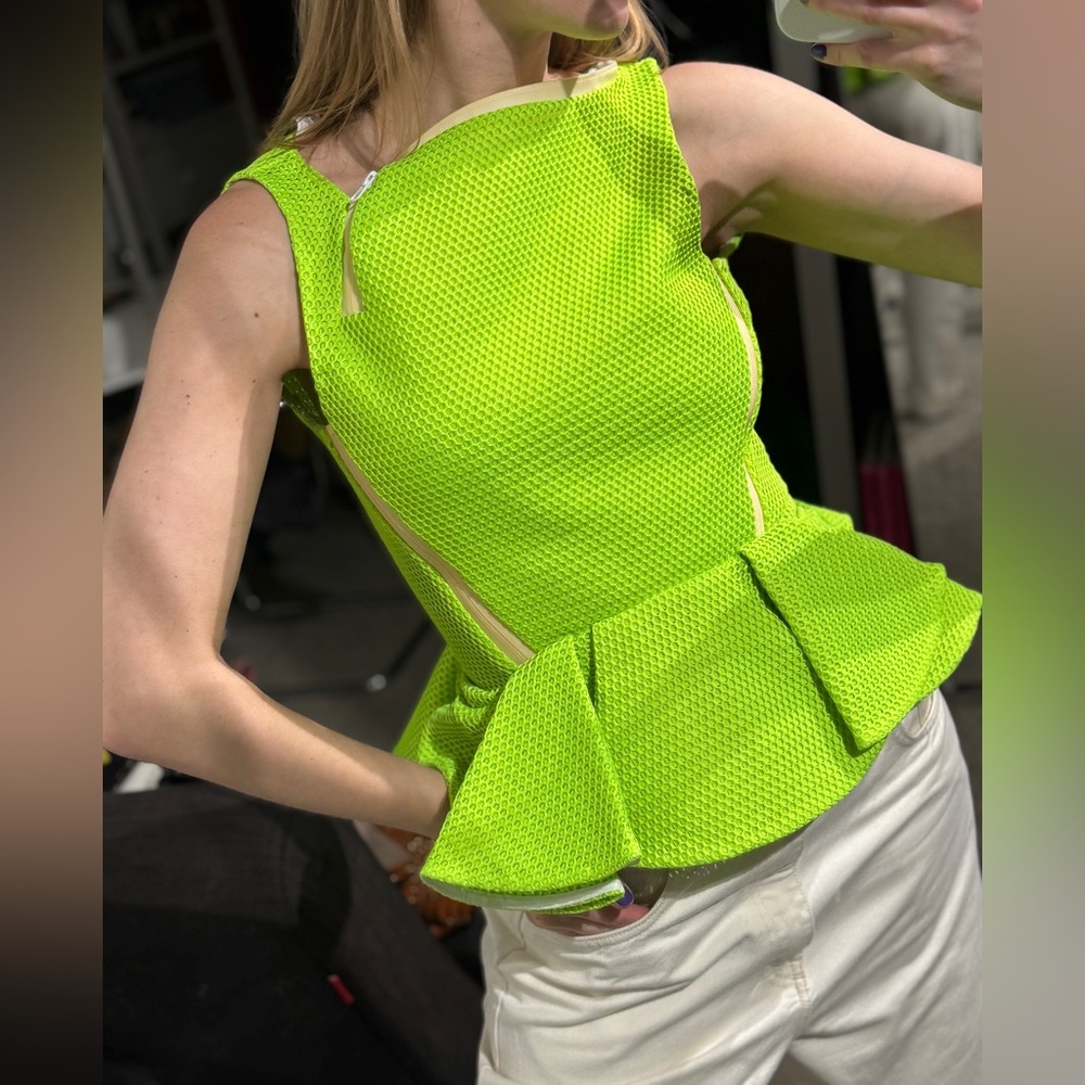 HUSSEIN CHALAYAN TOP GREEN ZIPPER RUFFLE SIZE XS